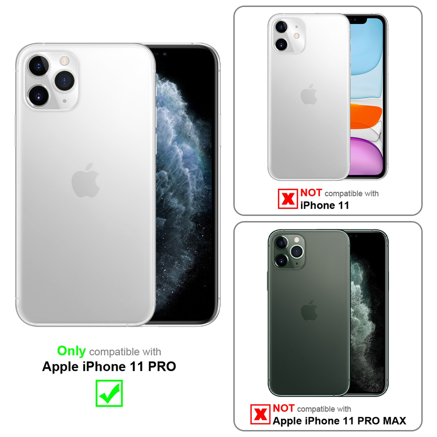 Weiße Telefone mit Text: Nur kompatibel mit Apple iPhone 11 PRO. Nicht kompatibel mit Apple iPhone 11/11 PRO MAX.