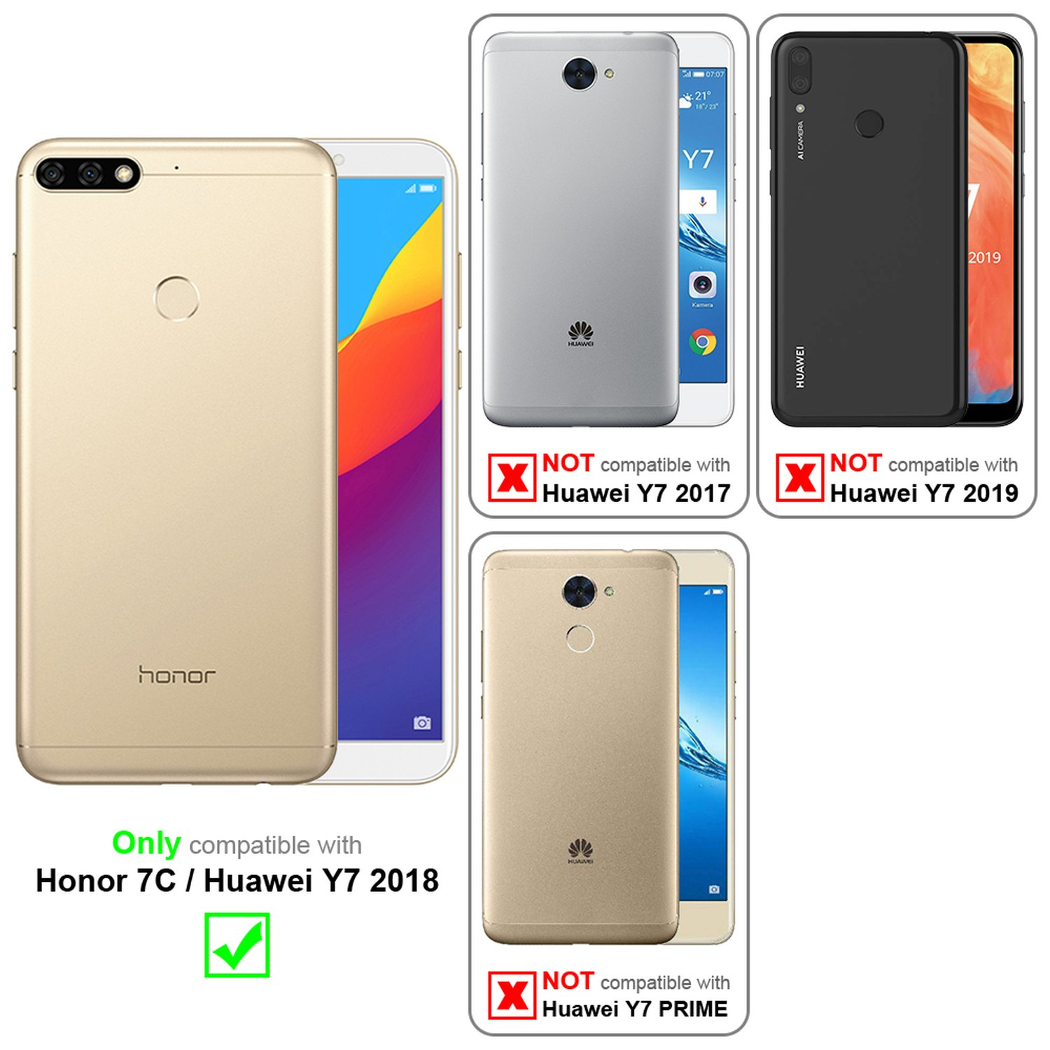 Telefono oro Honor 7C/Huawei Y7 2018, compatibile, con segno di spunta. Non compatibile con altri.