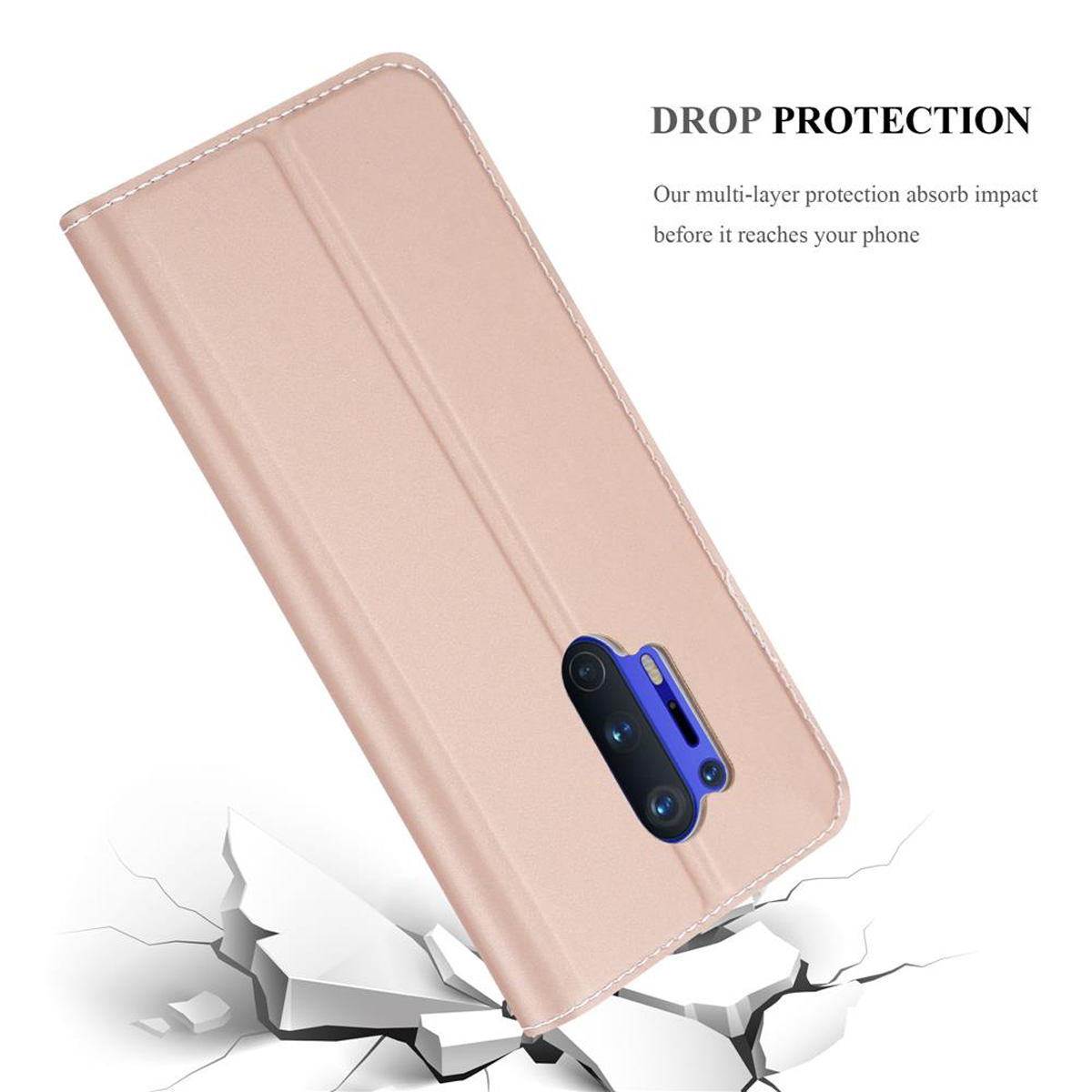 Rosa Handyhülle mit Kameraausschnitt und Text: DROP PROTECTION. Es liegt auf zerbrochenem Boden.