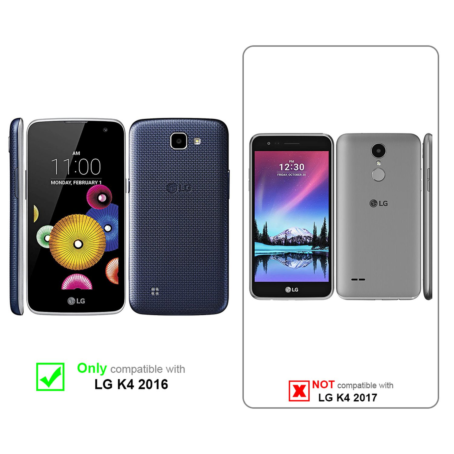 Dos teléfonos LG. Izquierda: parte trasera azul. Derecha: parte trasera gris. Texto indica compatibilidad con K4 2016, no 2017.