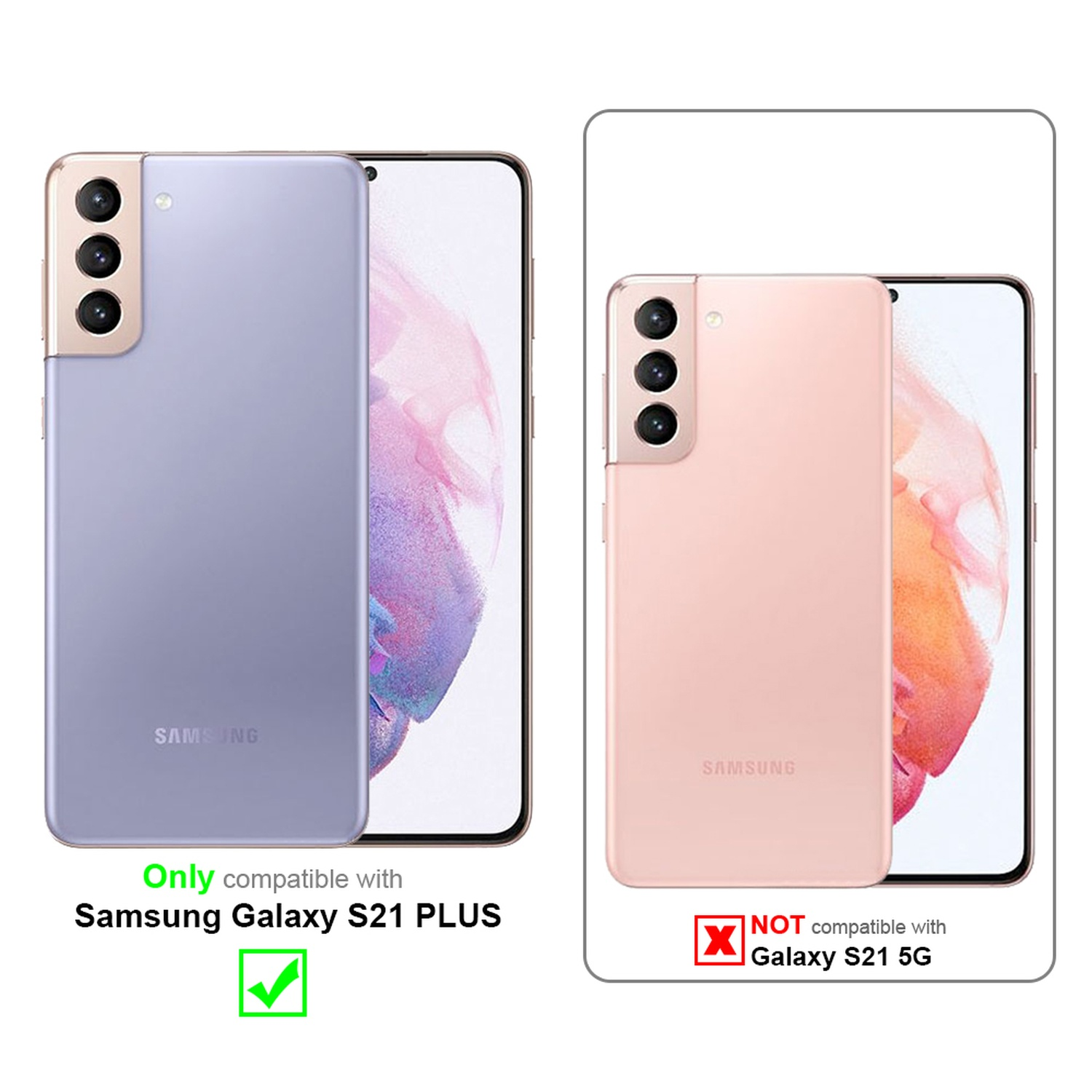 Lila Telefon links. Rosa Telefon rechts. Kompatibilitätsinformationen sind angegeben.