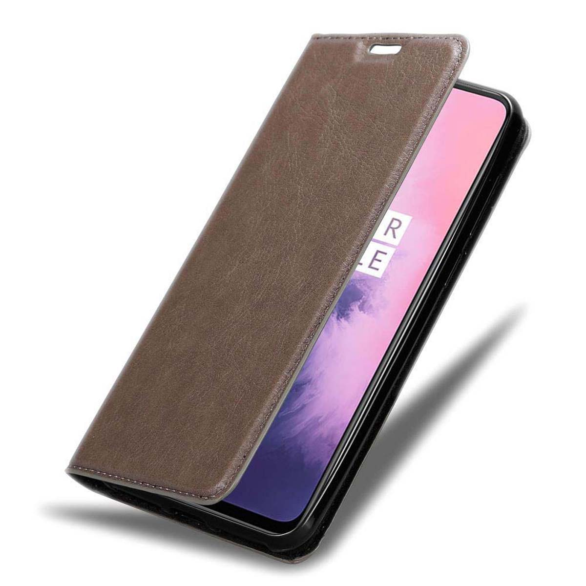 Eine braune Handyhülle mit einem Telefon darin, der Deckel ist geöffnet.