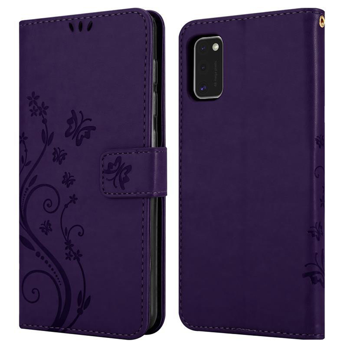 Custodia per telefono viola, aperta. Design floreale anteriore, fotocamera posteriore.