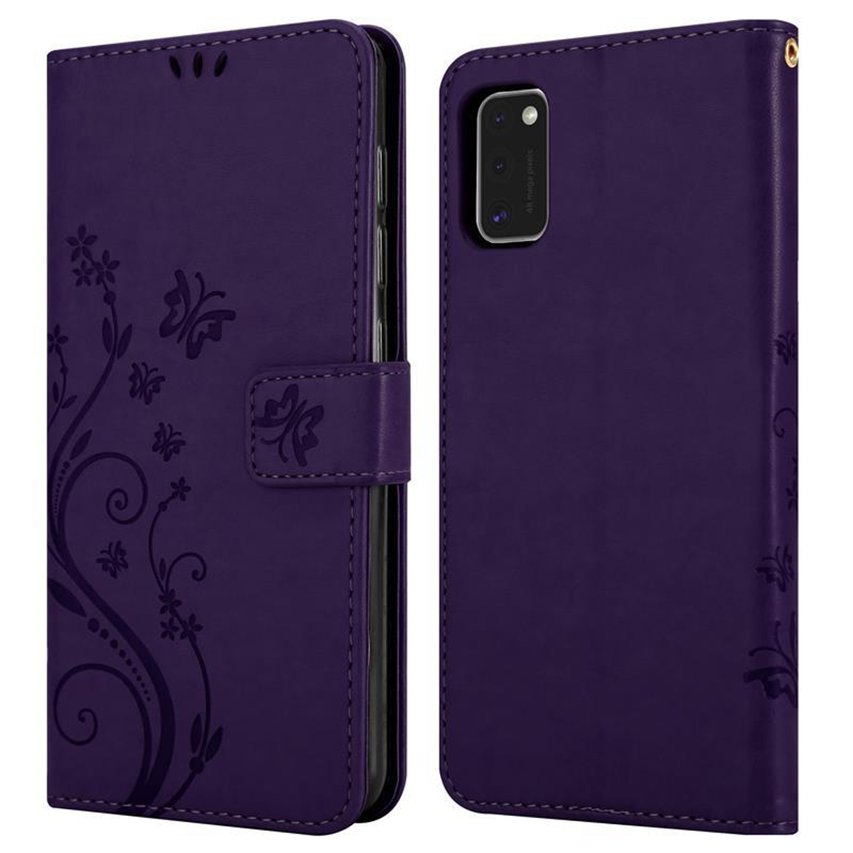 Custodia viola per telefono con design floreale, aperta che mostra il retro del telefono con fotocamera e chiusa.