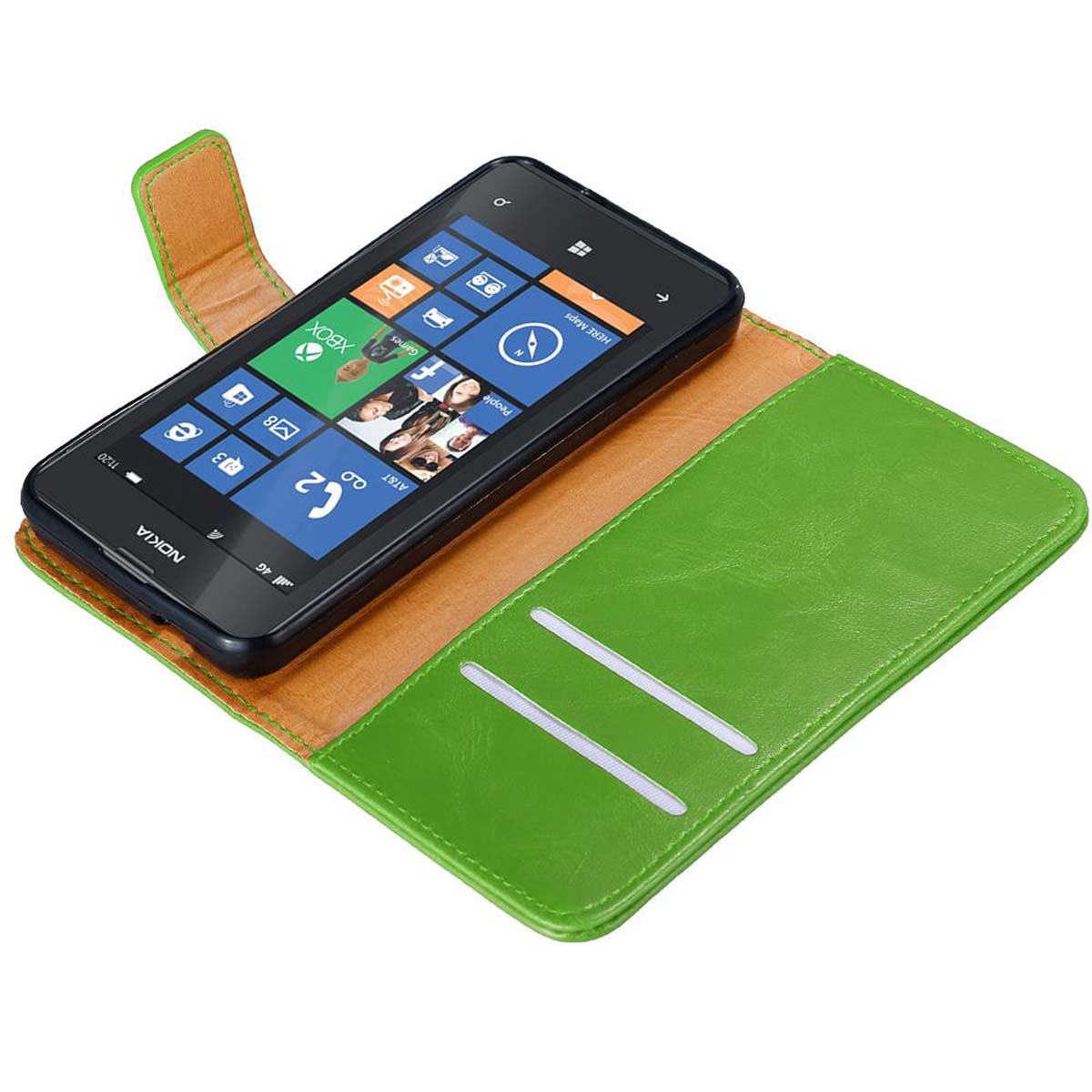 Custodia nera, aperta, mostra telefono nero. Interno verde con fessure per carte.