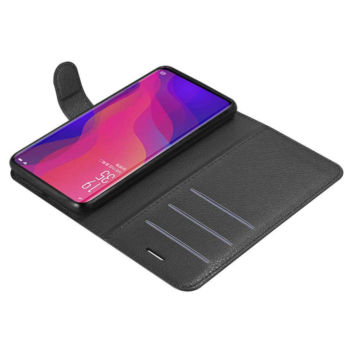 Telefono nero all'interno di una custodia in pelle nera. Lo schermo del telefono mostra l'interfaccia, aperto.