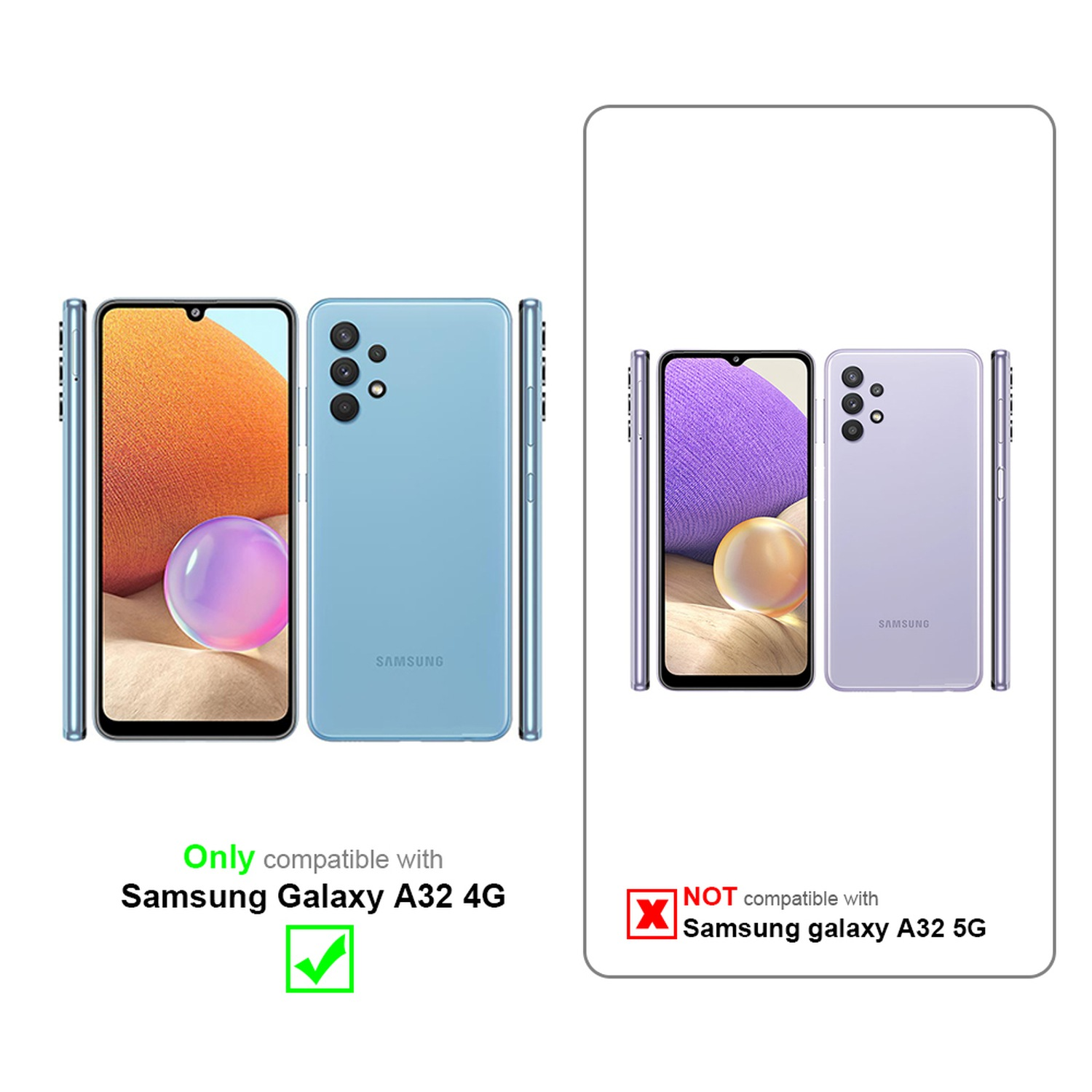 Zwei Telefone mit Hüllen. Hülle ist mit Samsung Galaxy A32 4G kompatibel. Anderes Telefon ist nicht kompatibel.