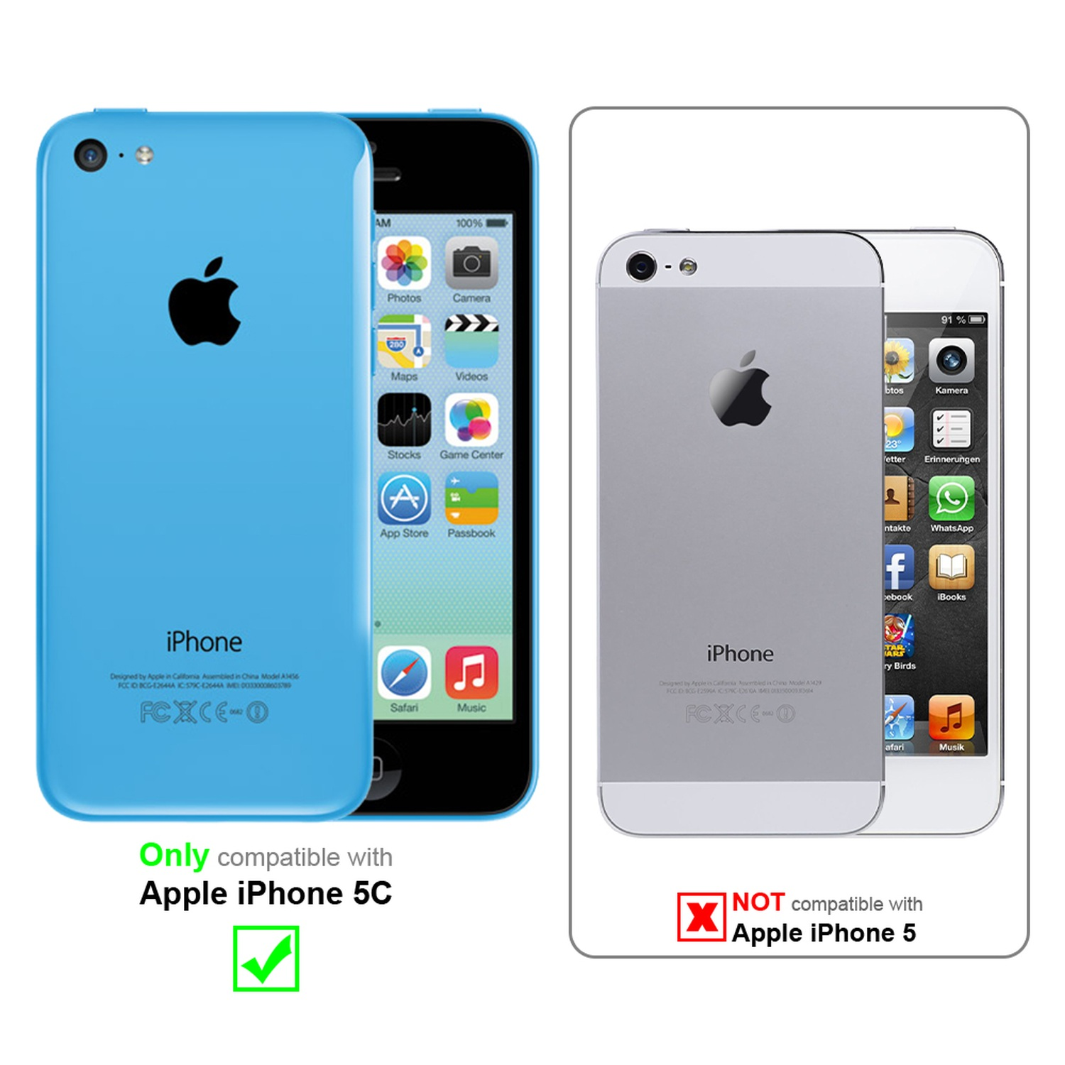 Zwei iPhones, eines blaues 5C und eines silbernes 5, mit Kompatibilitätshinweisen.
