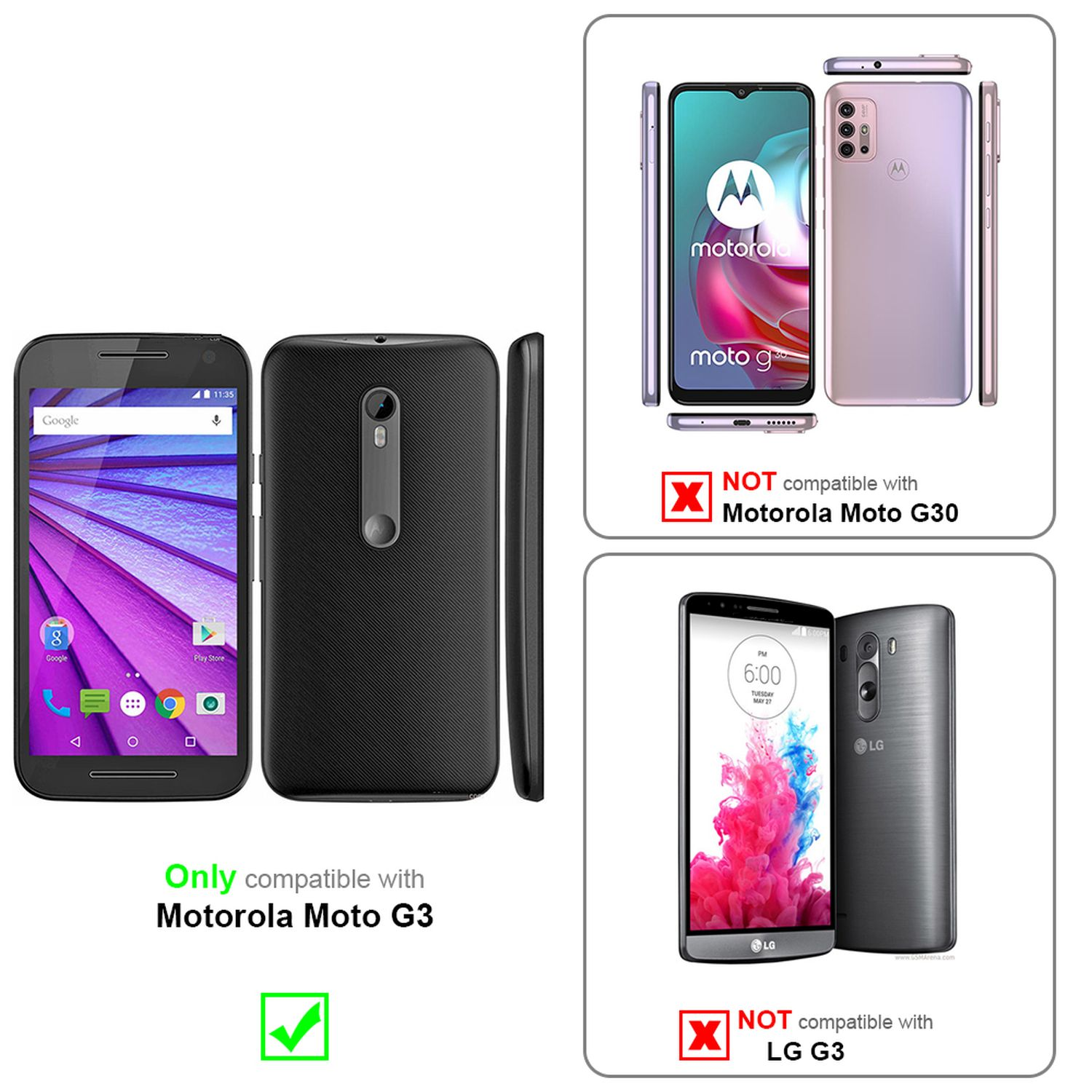 Comparación de fundas de teléfono, mostrando compatibilidad Moto G3 y LG G3 con marcas.