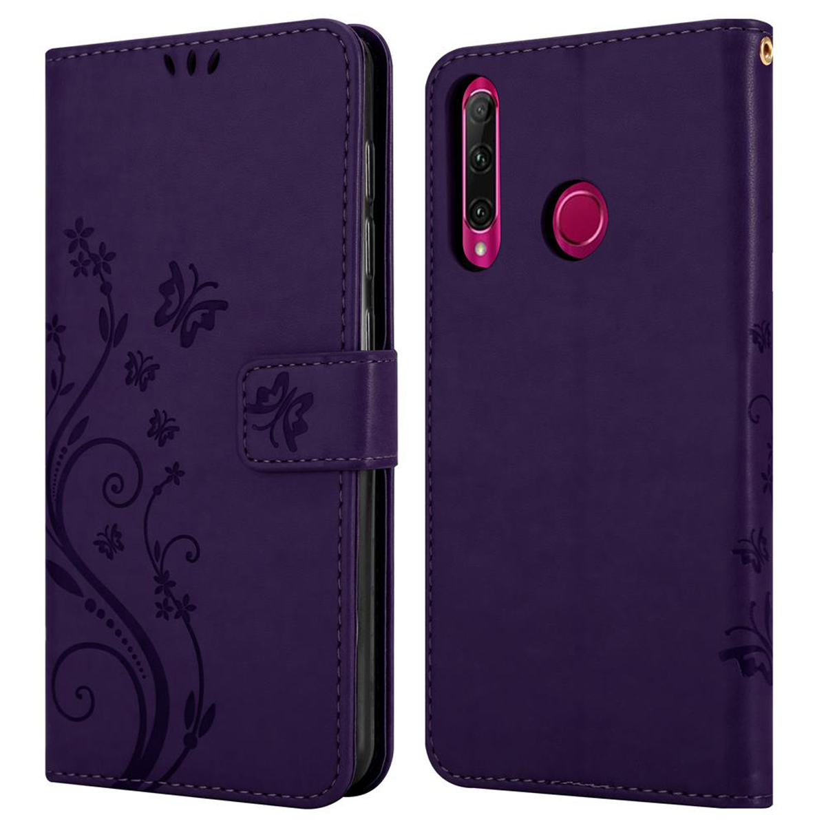Custodia per telefono viola, vista chiusa e aperta, con design floreale. Sfondo bianco.