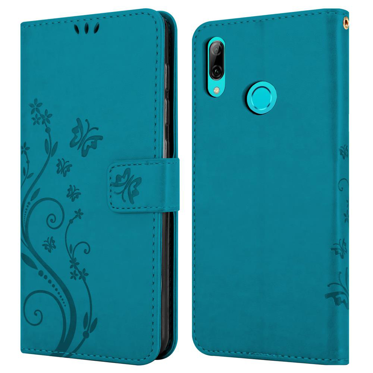 Custodia per telefono color verde acqua con design floreale. Vengono mostrati due lati della custodia, uno con un foro per la fotocamera.