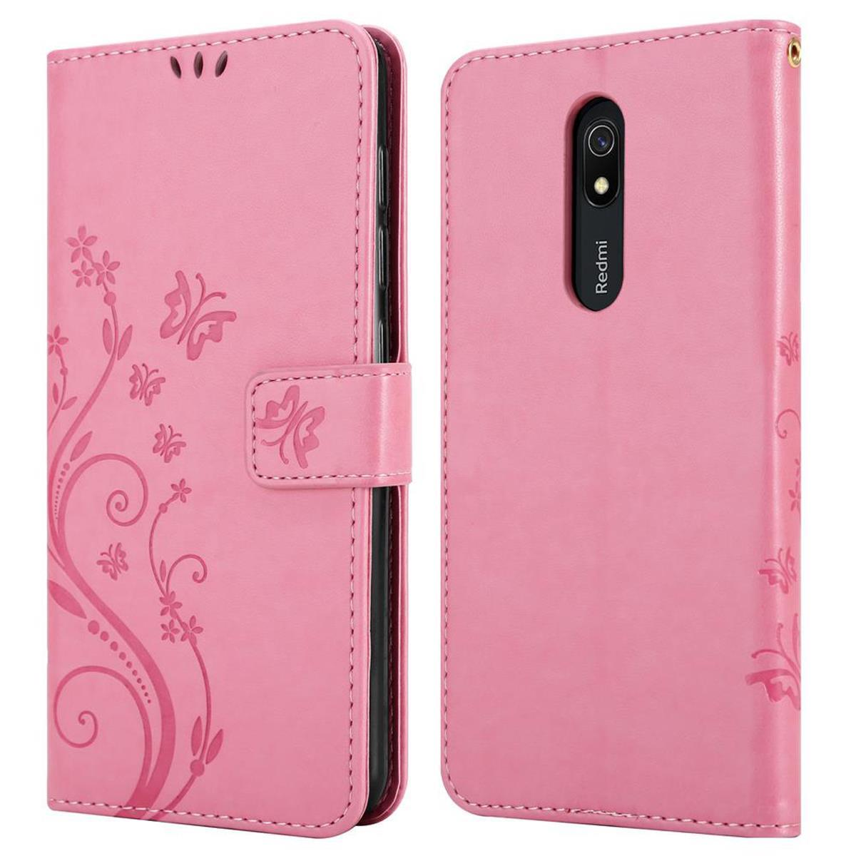 Rosa Handyhülle, offen und geschlossen, mit floralem Design auf der Vorderseite.
