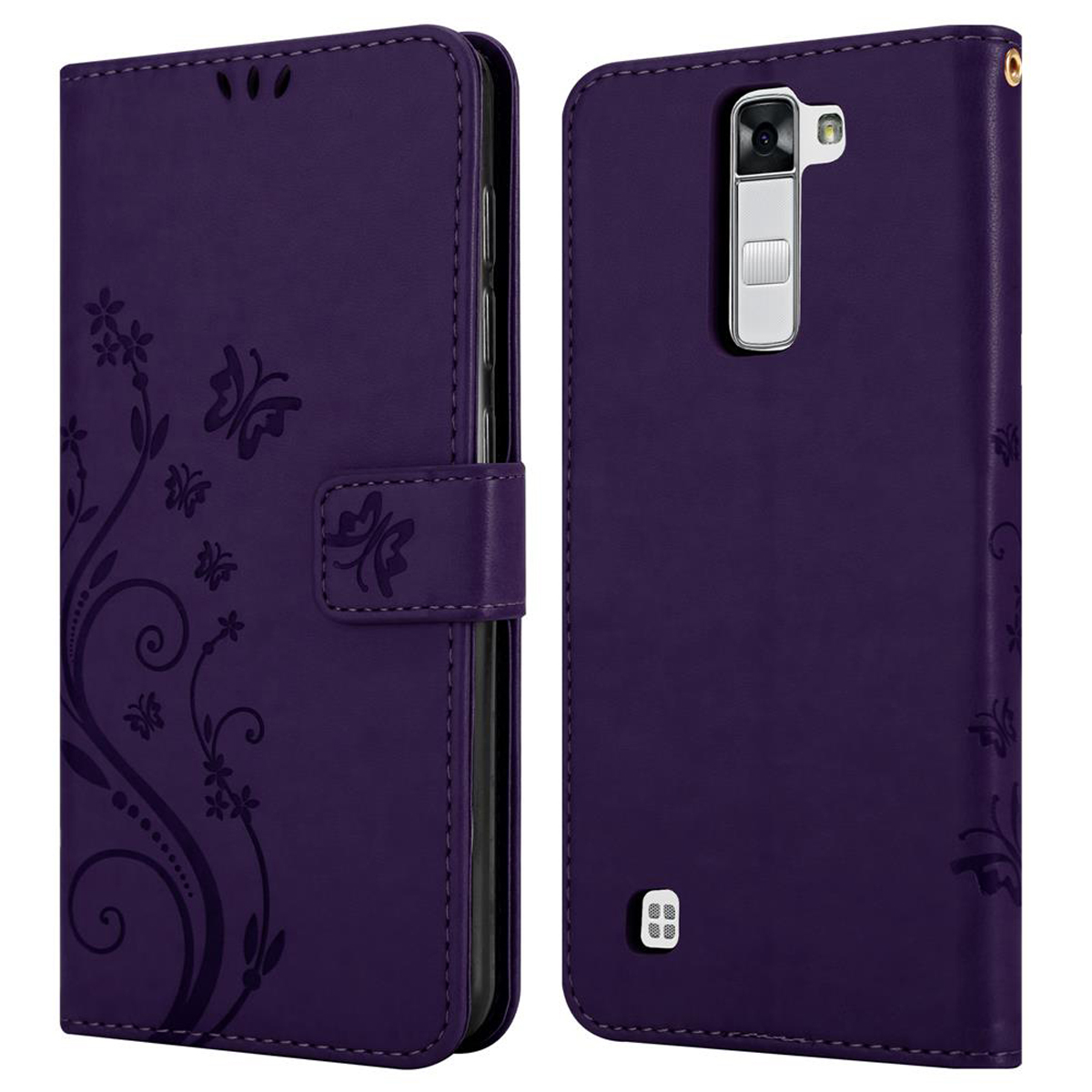 Funda morada para teléfono, diseño floral, abierta y cerrada.