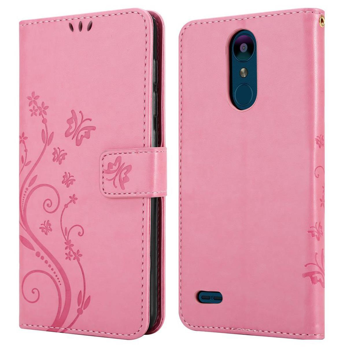 Custodia rosa per telefono con design a farfalla. La custodia è chiusa e aperta, mostrando l'alloggiamento del telefono e il retro.