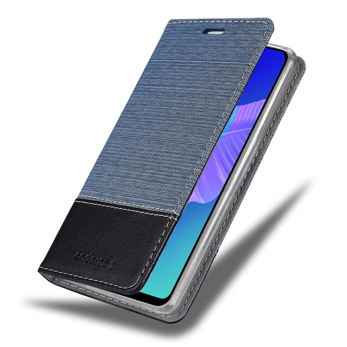 Geöffnete Handyhülle, Denim und Schwarz, mit einem angezeigten Telefonbildschirm.