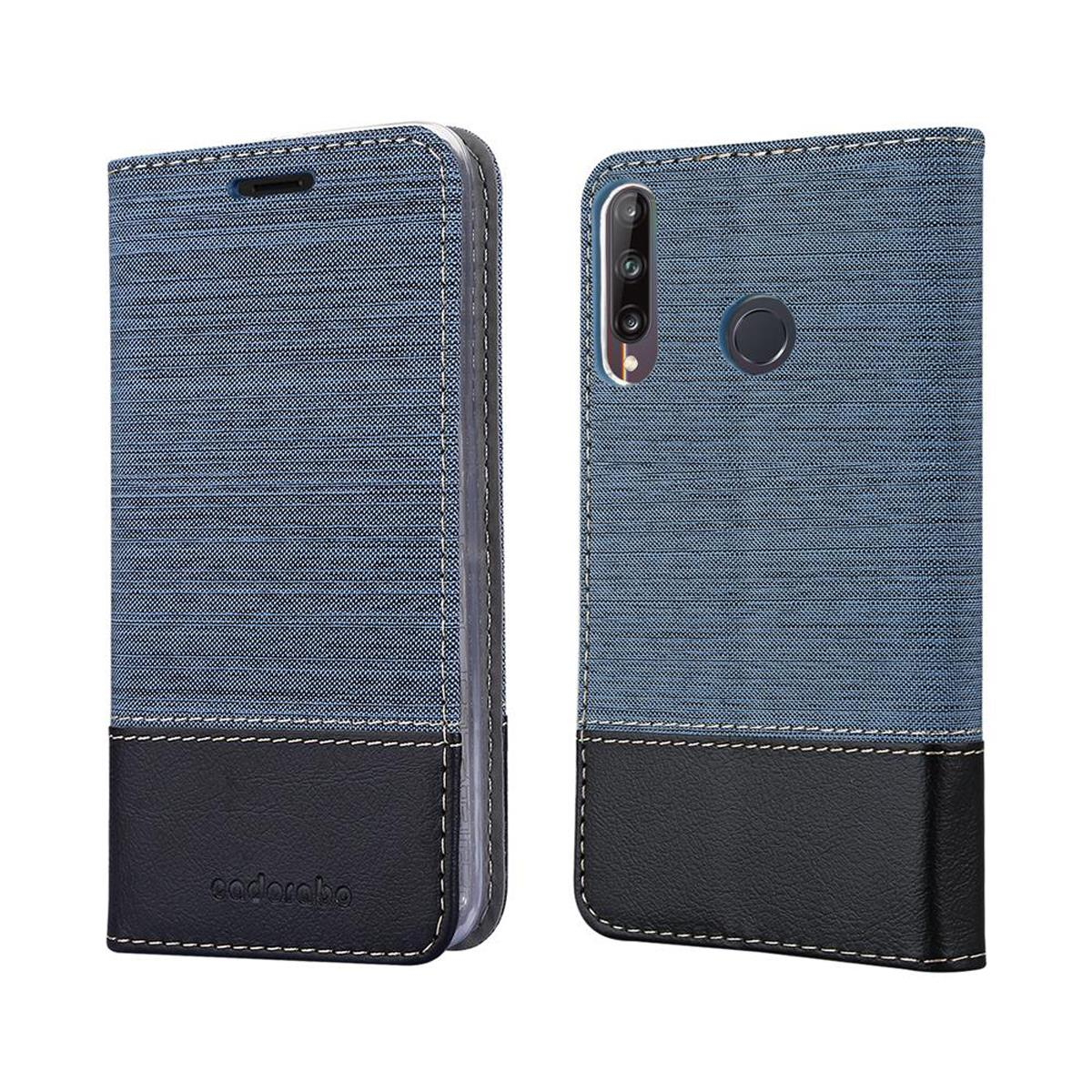 Blau-schwarze Handyhülle. Vorder- und Rückansicht. Die Vorderseite hat ein Überschlagdesign.