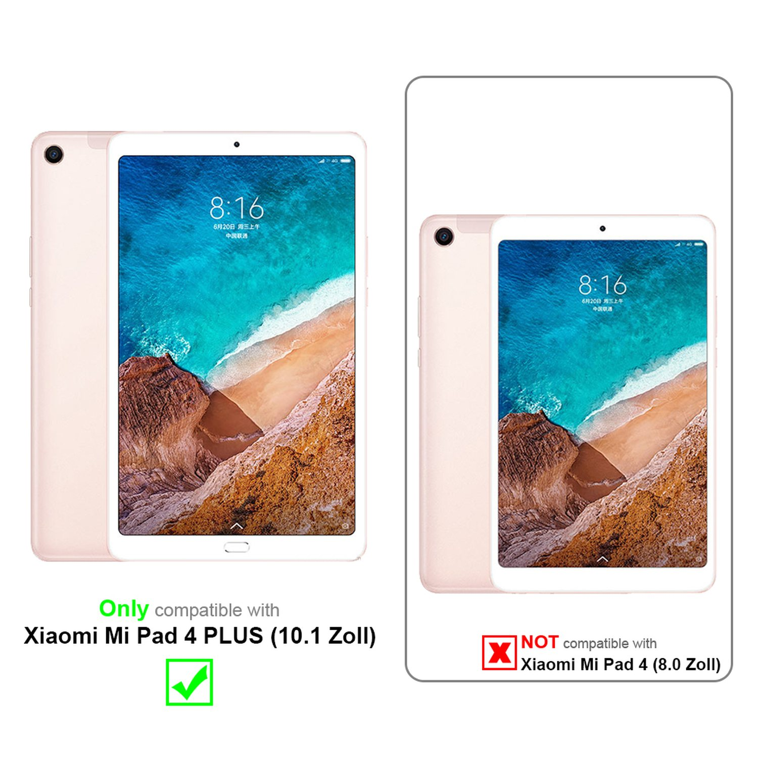 Zwei Tablets, eines mit Häkchen, das andere mit X, was die Kompatibilität mit einem bestimmten Modell anzeigt.