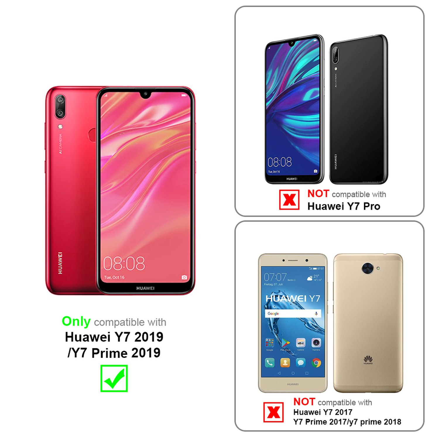 Zwei Telefone, rot und schwarz, mit Text, der die Kompatibilität mit Huawei Y7-Modellen anzeigt.
