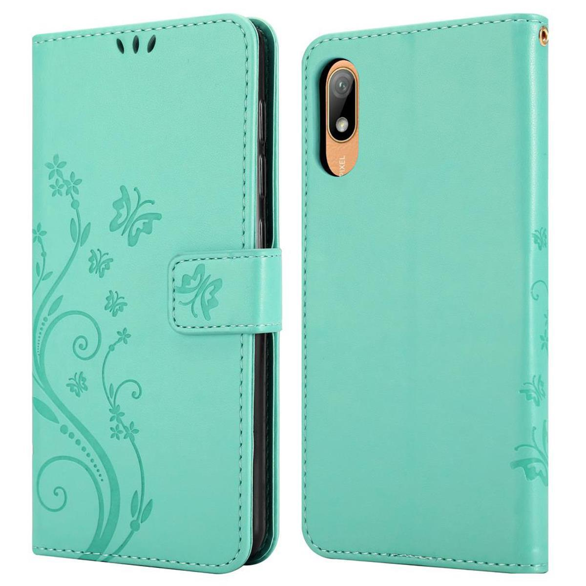 Custodia per telefono verde acqua con design floreale. Il lato destro ha una fotocamera. La custodia è su sfondo bianco.