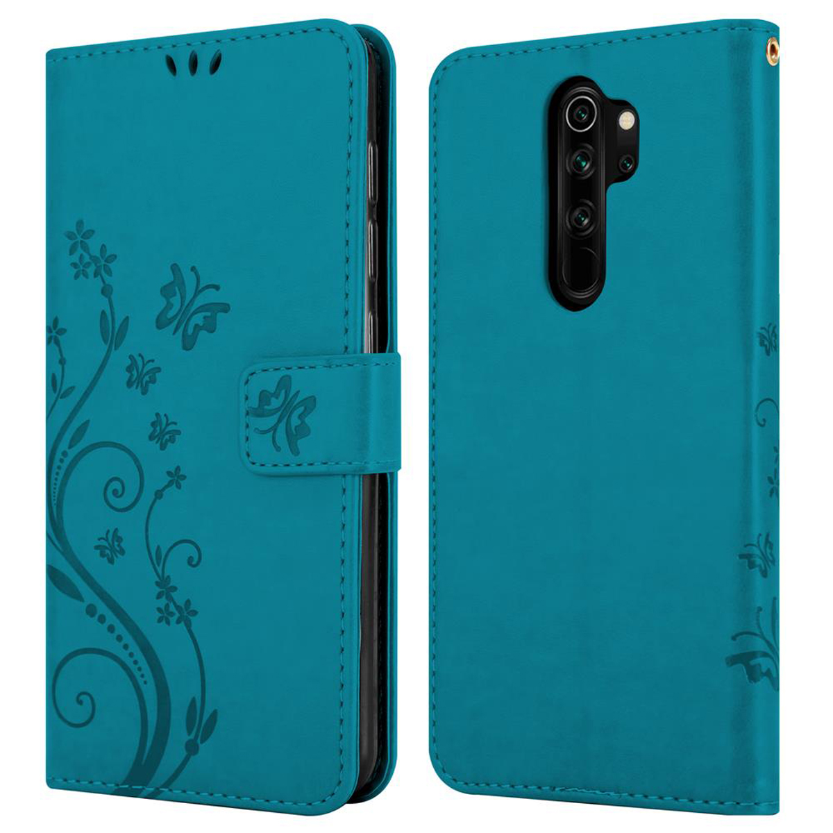 Türkisfarbene Handyhülle, offen und geschlossen. Blumendesign und Schmetterling. Telefon ist sichtbar.