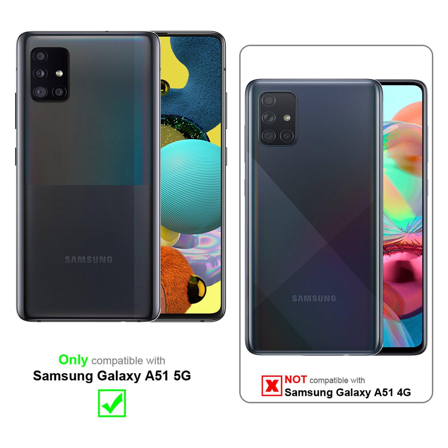 Zwei Telefone mit Hüllen. Hülle ist mit Samsung Galaxy A51 5G kompatibel. Anderes Telefon ist nicht kompatibel.