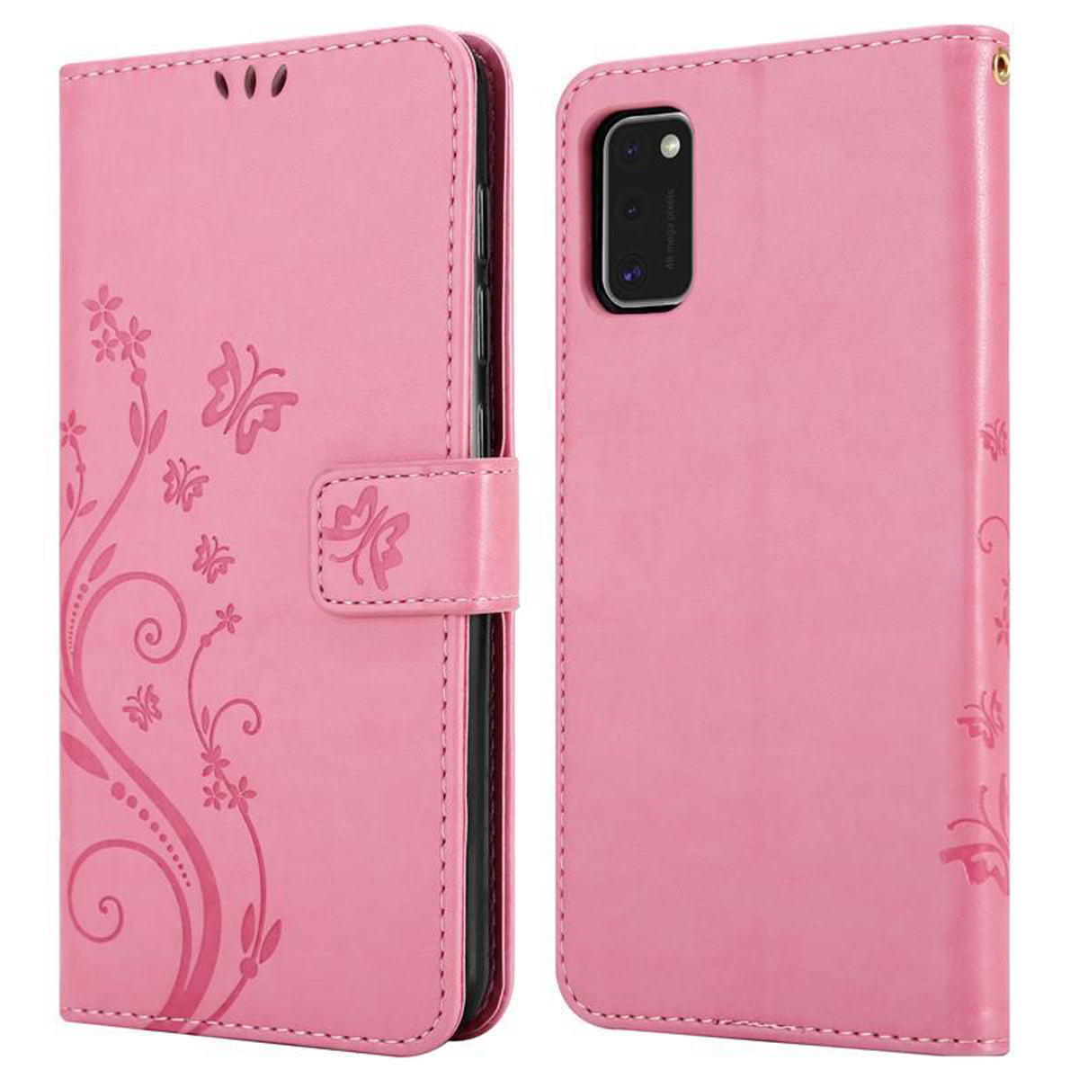 Custodia per telefono in pelle rosa, aperta. Presenta un design a farfalla e una chiusura magnetica. Fotocamera del telefono visibile.