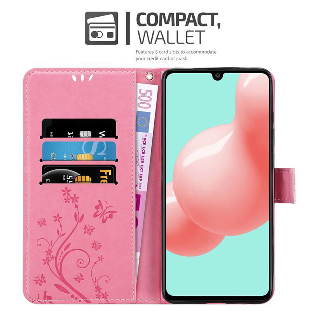 Custodia a portafoglio rosa con carte, banconota euro e telefono, design farfalle.