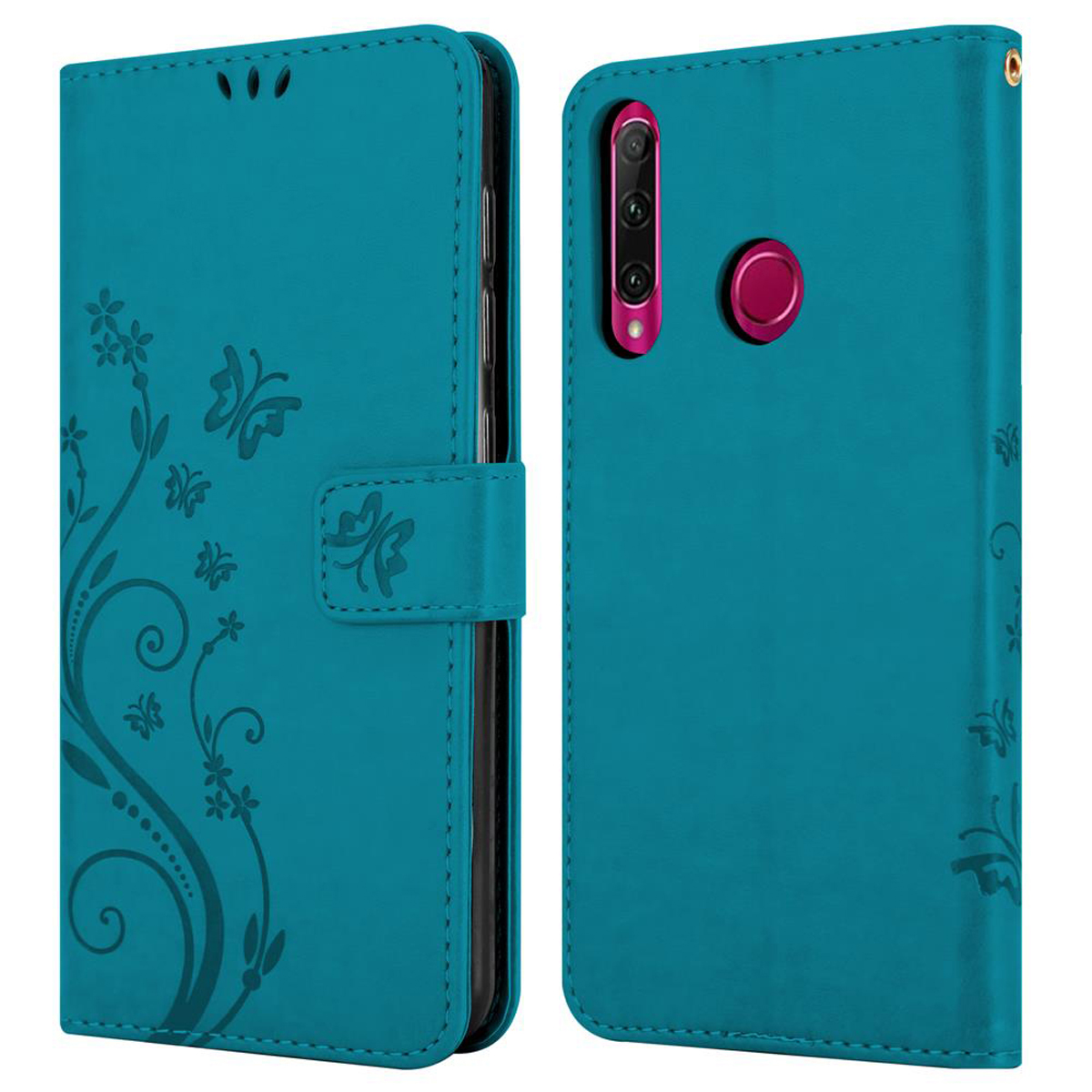 Custodia per telefono turchese. Ha disegni di farfalle e fiori. Il telefono è nella custodia. La custodia è chiusa.
