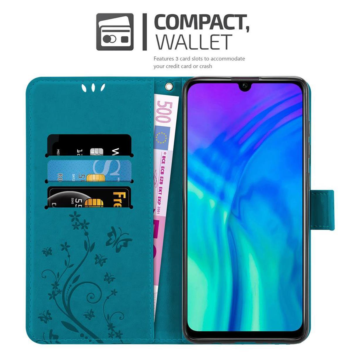 Custodia per telefono verde acqua con design floreale, scomparti per carte di credito e banconota da 500 euro.