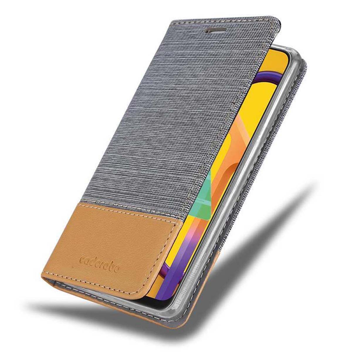 Ein Smartphone in einer grau-beigen Hülle, teilweise geöffnet. Der Bildschirm zeigt ein farbenfrohes Bild.