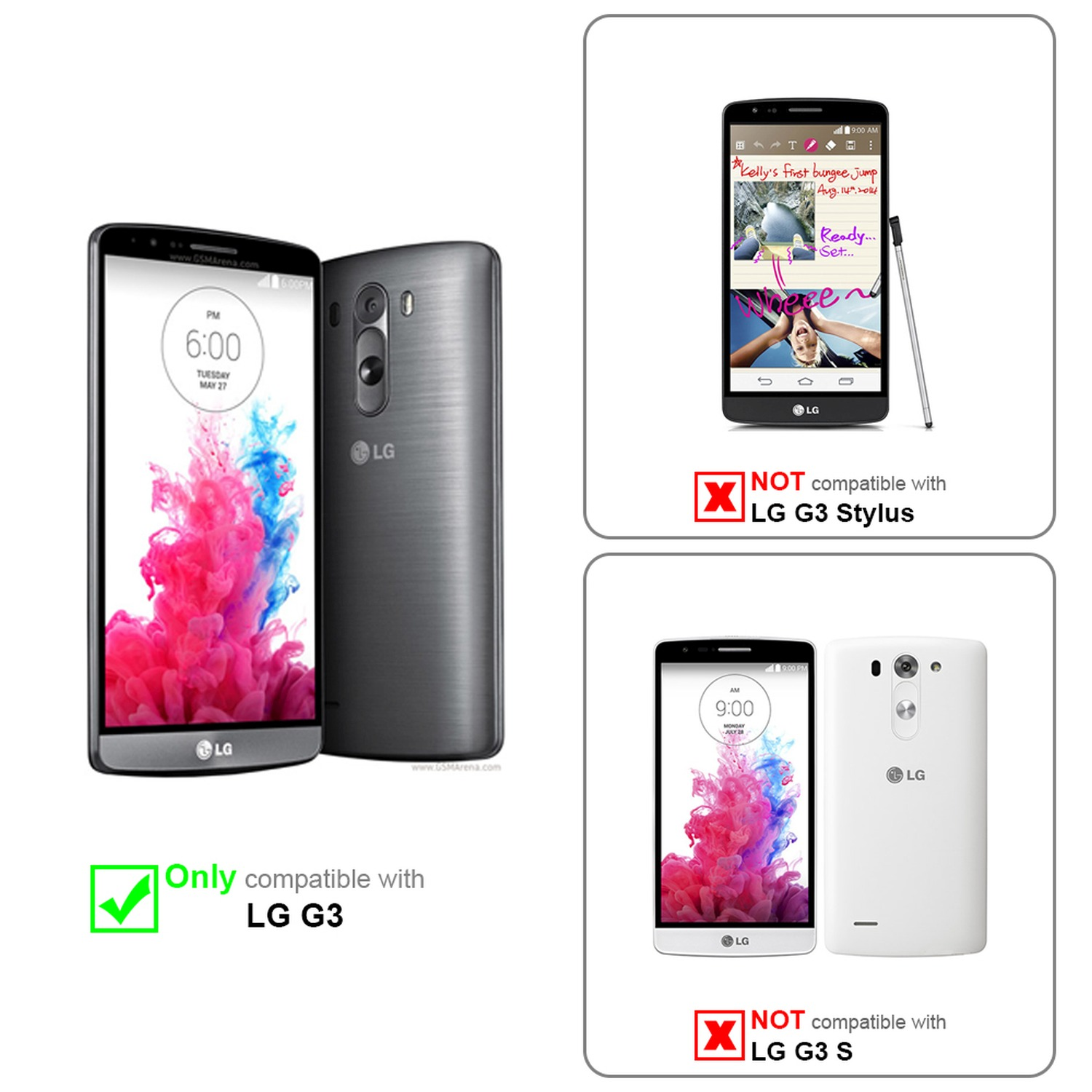 Tres teléfonos, uno negro y dos blancos, con etiquetas que indican compatibilidad e incompatibilidad.