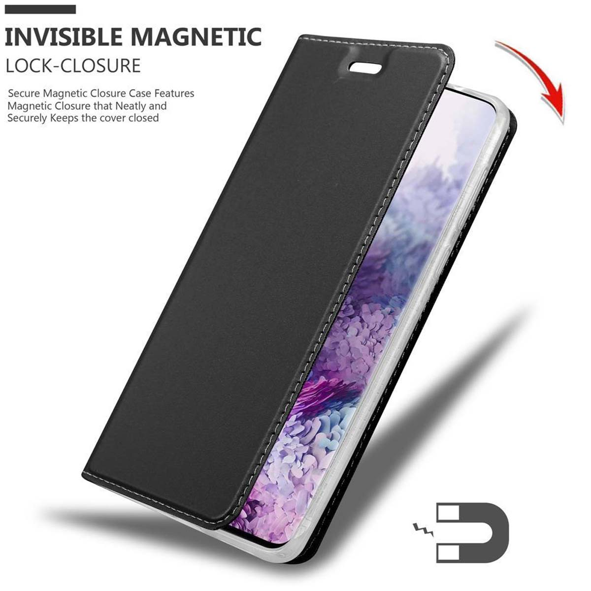Geöffnete schwarze Handyhülle, zeigt ein Telefon. Text: 'Invisible Magnetic Lock'.