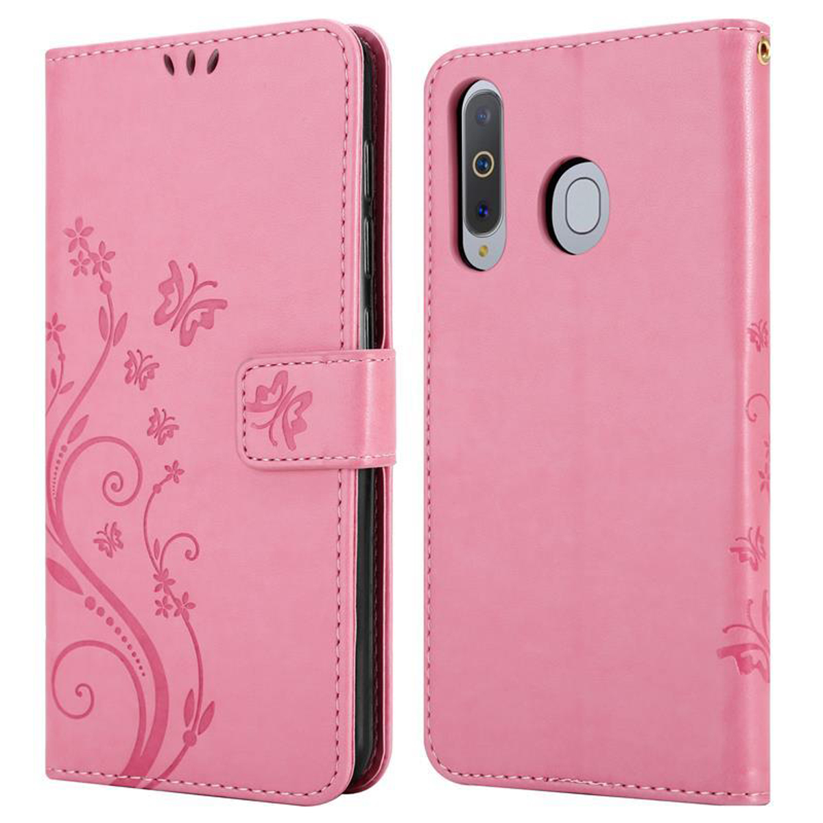Custodia rosa per telefono, decorata con motivi floreali e una farfalla. Sfondo bianco.