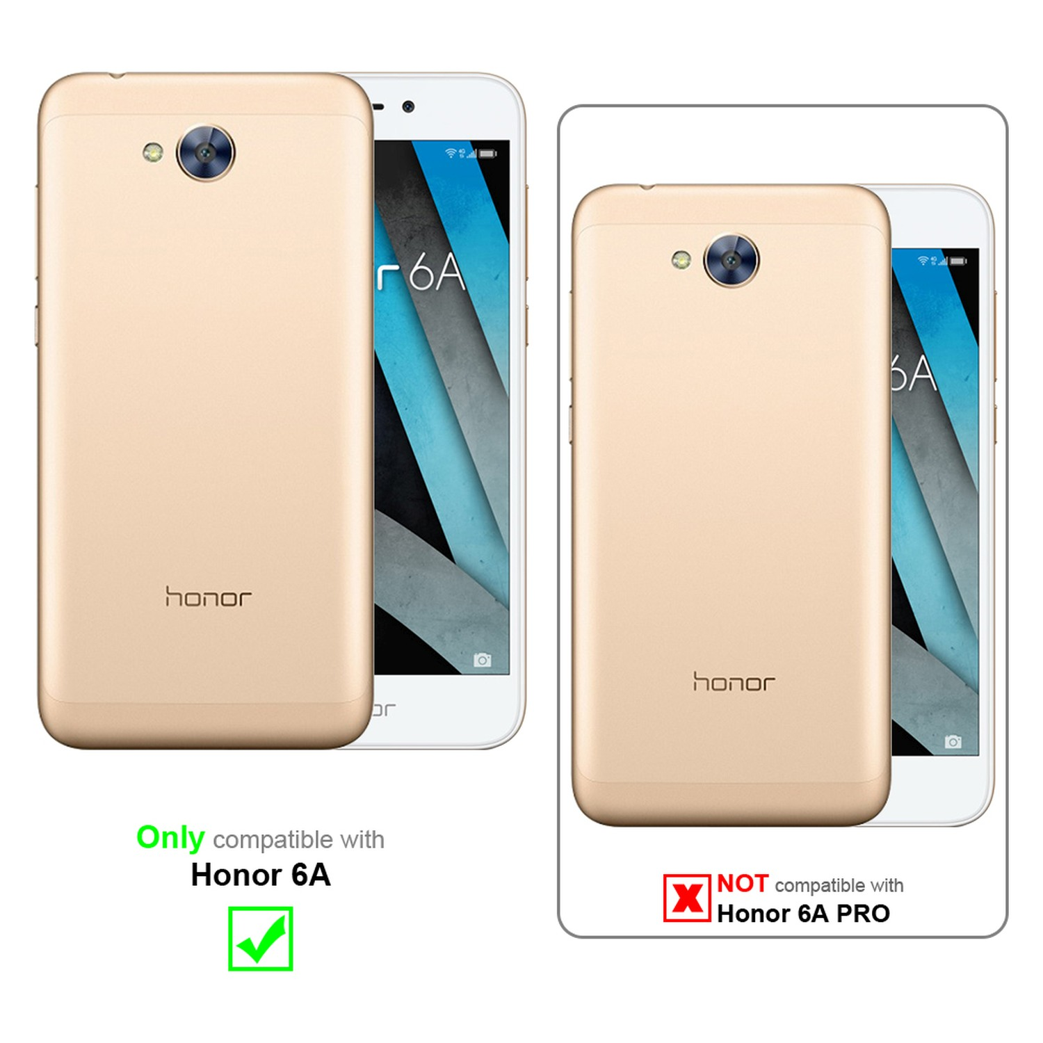 Due telefoni, oro e bianco, uno accanto all'altro. Il telefono oro è compatibile e il bianco no.