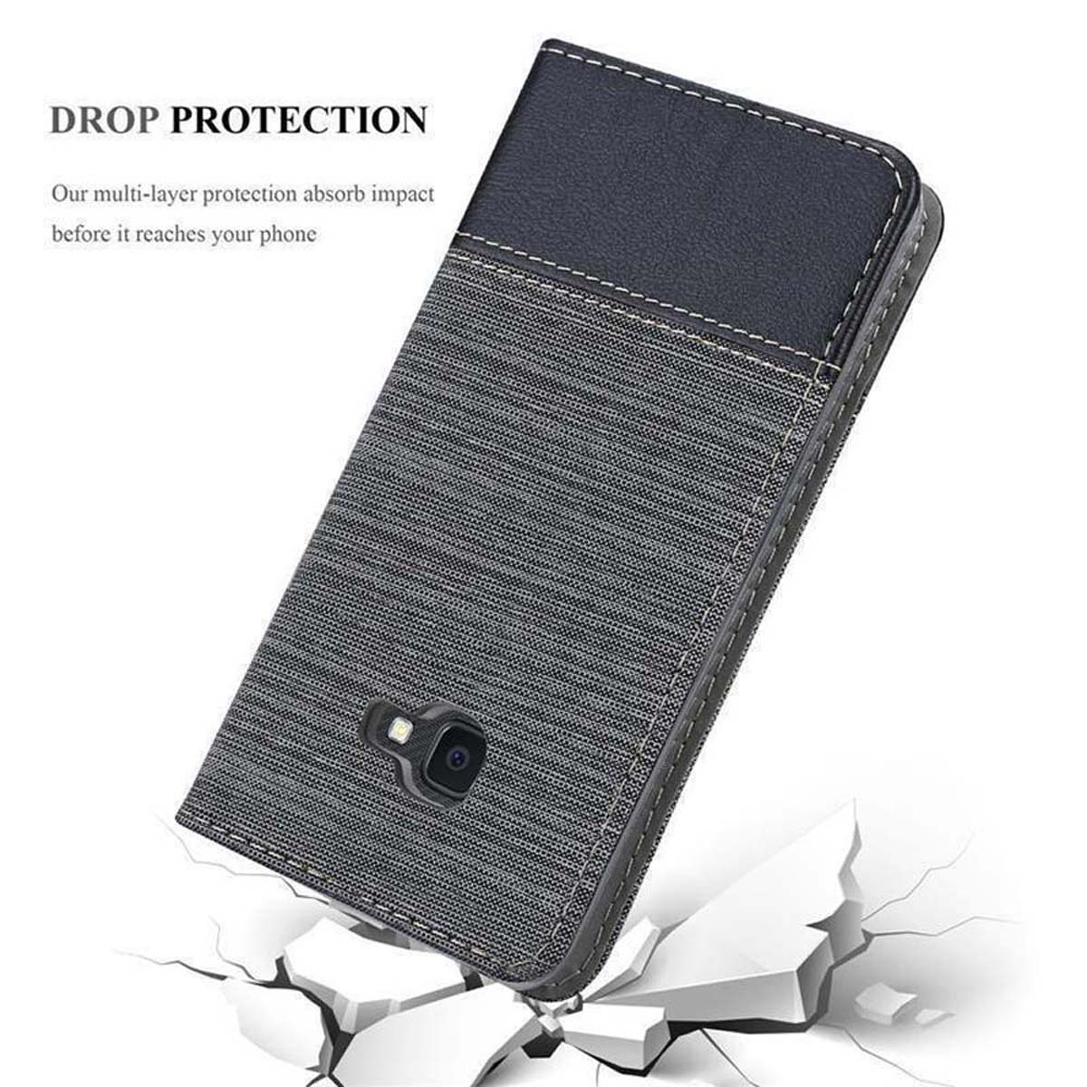 Una custodia per telefono con un design nero e grigio. La custodia è posizionata su pezzi di cemento rotto.