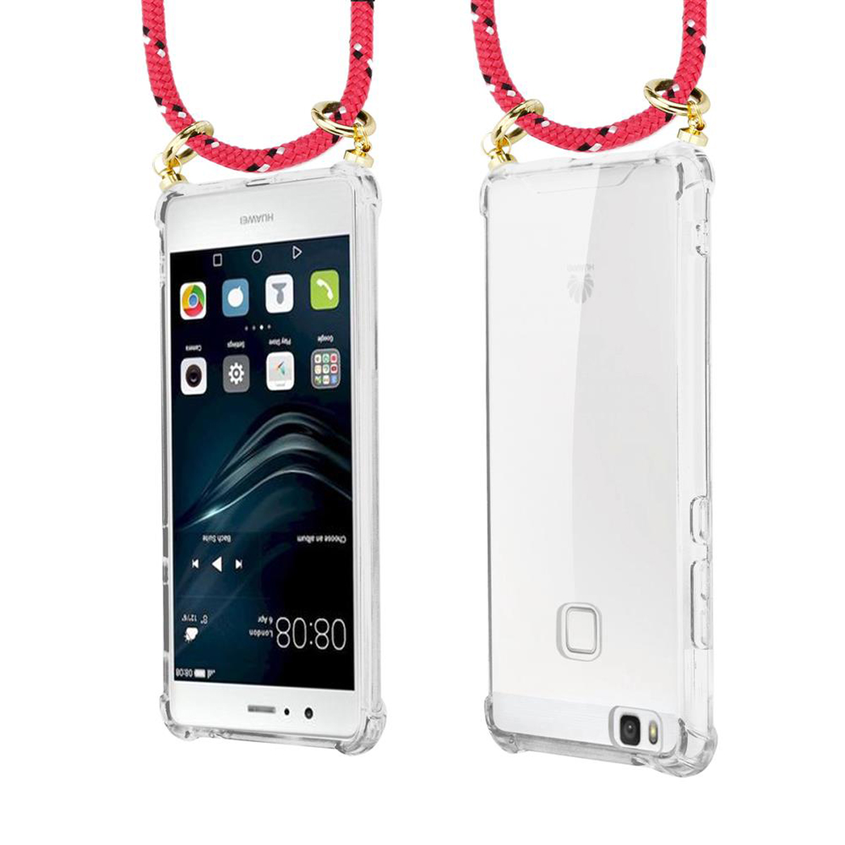 Zwei Ansichten eines Telefons mit transparentem Gehäuse und rotem und weißem Schlüsselband. Das Telefon zeigt eine Oberfläche.