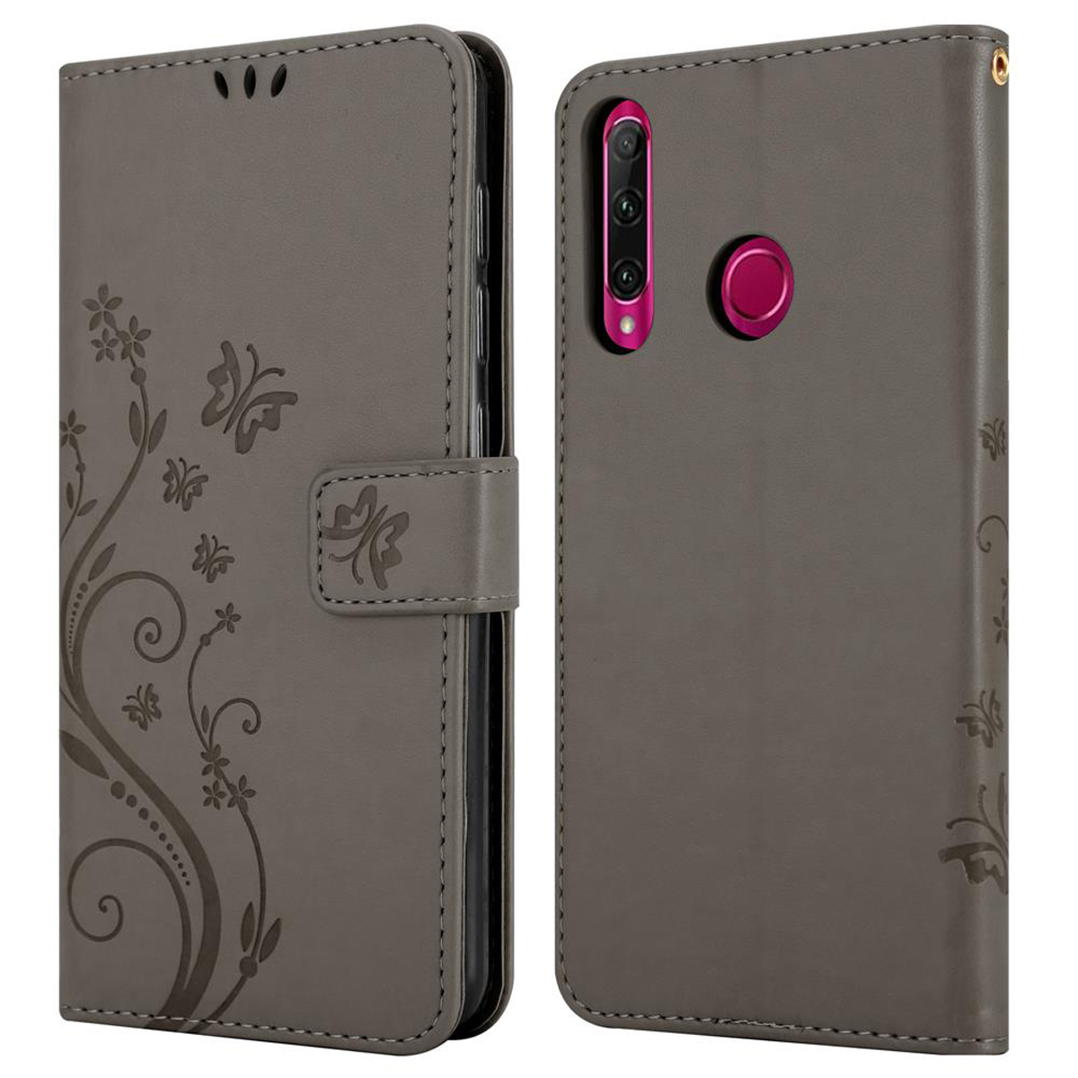 Custodia grigia per telefono, aperta, con design floreale. Mostra il telefono e lo spazio per le carte.