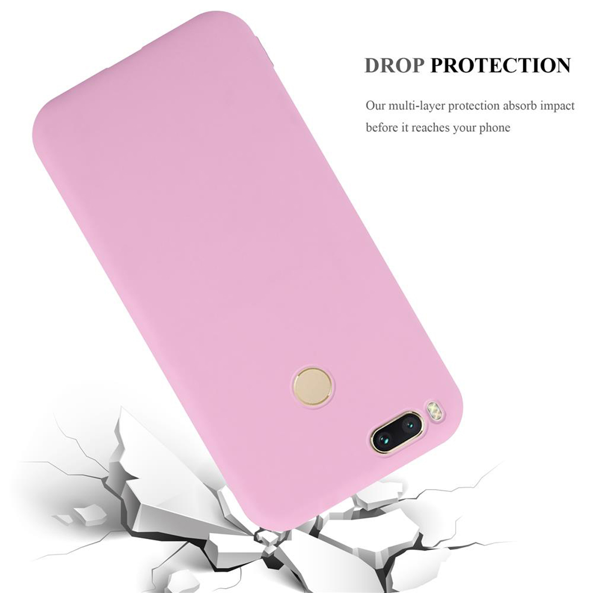 Una custodia per telefono rosa. La custodia è aperta e c'è un telefono dentro. Il telefono sta cadendo.