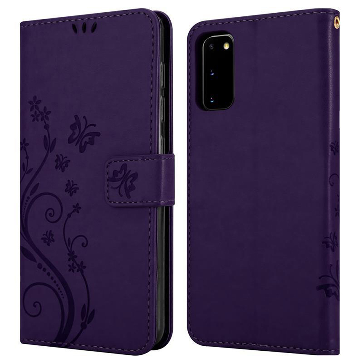 Lila Handy-Brieftaschentasche, offen und geschlossen, mit Blumen- und Schmetterlingsdesign.