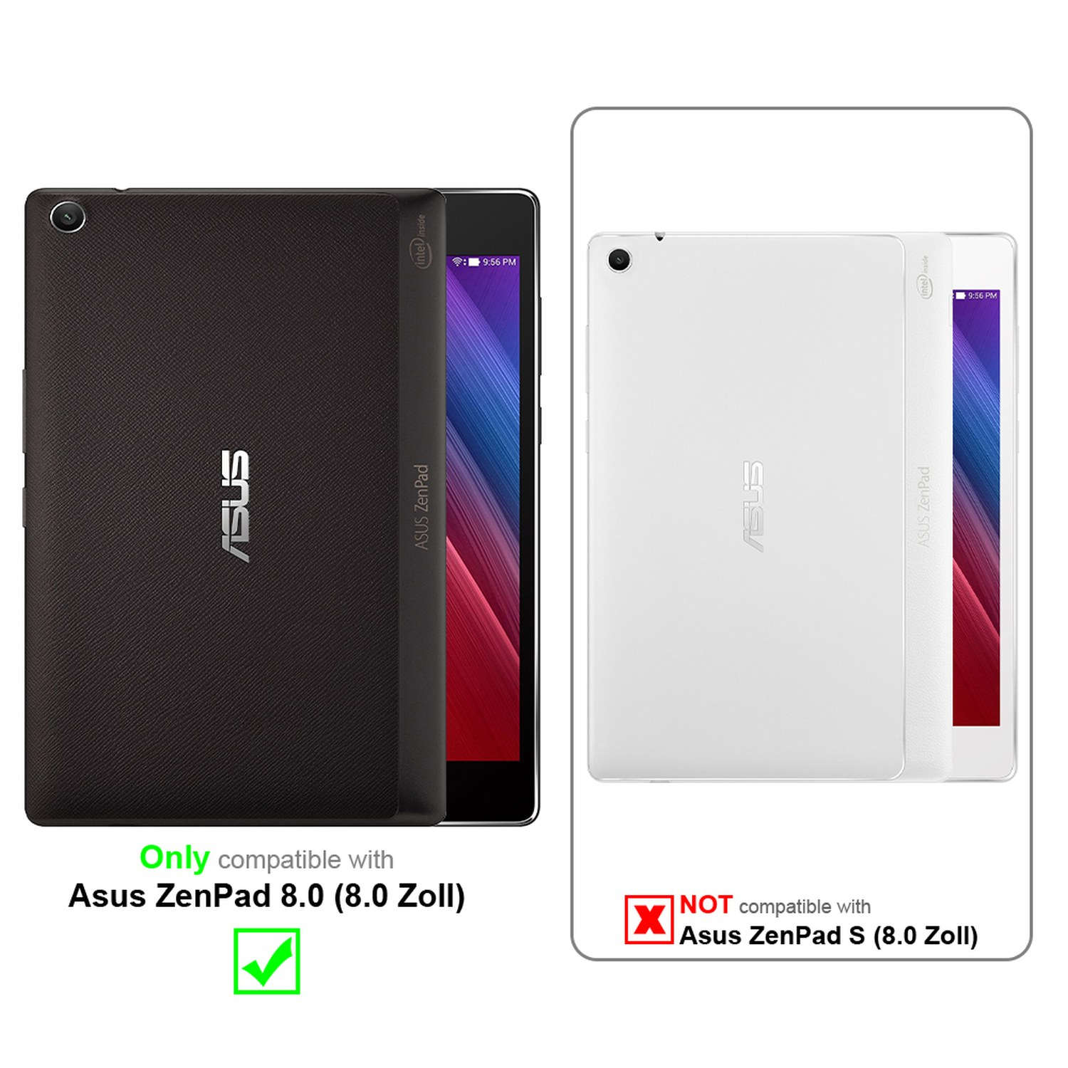 Zwei Tablets und Vergleichstabelle. Ein Tablet ist mit der Hülle kompatibel, das andere nicht.