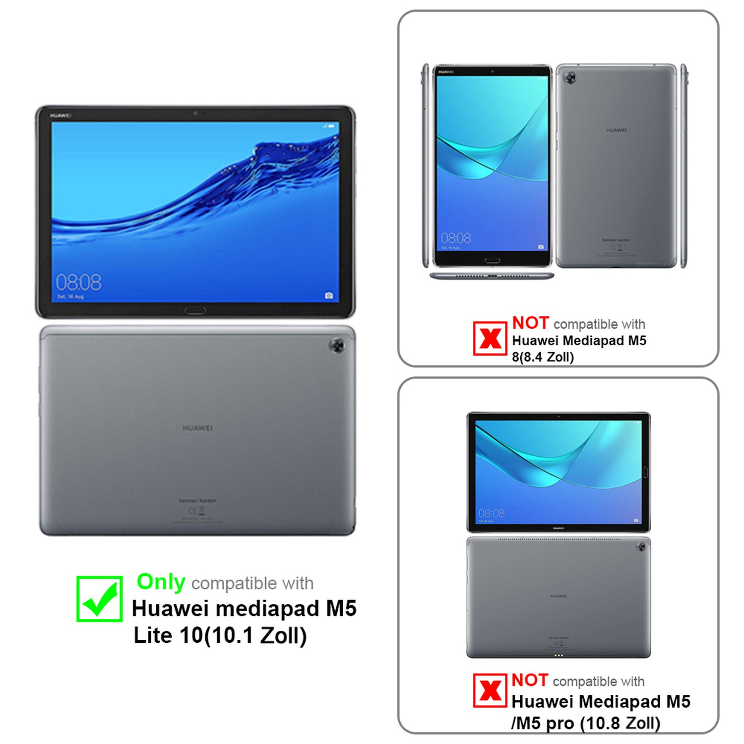 Graue Tablets und Telefon-Kompatibilitätsinfo. Tablet mit grünem Häkchen, andere Geräte mit rotem X.