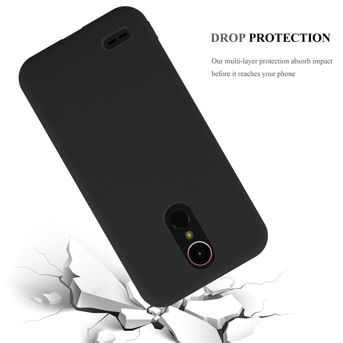 Custodia per telefono nera con protezione dalle cadute, superficie incrinata sottostante, telefono angolato.