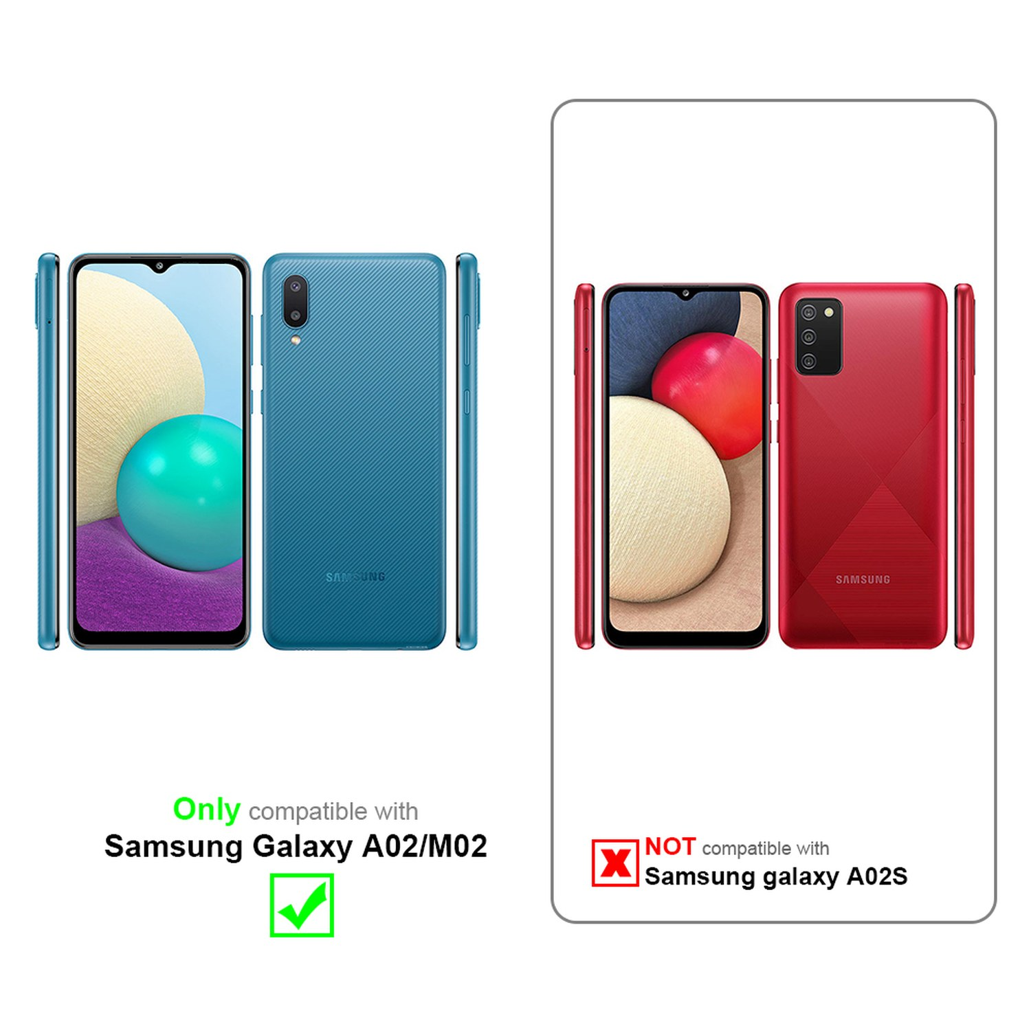 Zwei Handys mit Kompatibilitätshinweisen. Ein blaues Samsung ist kompatibel, ein rotes Samsung nicht.
