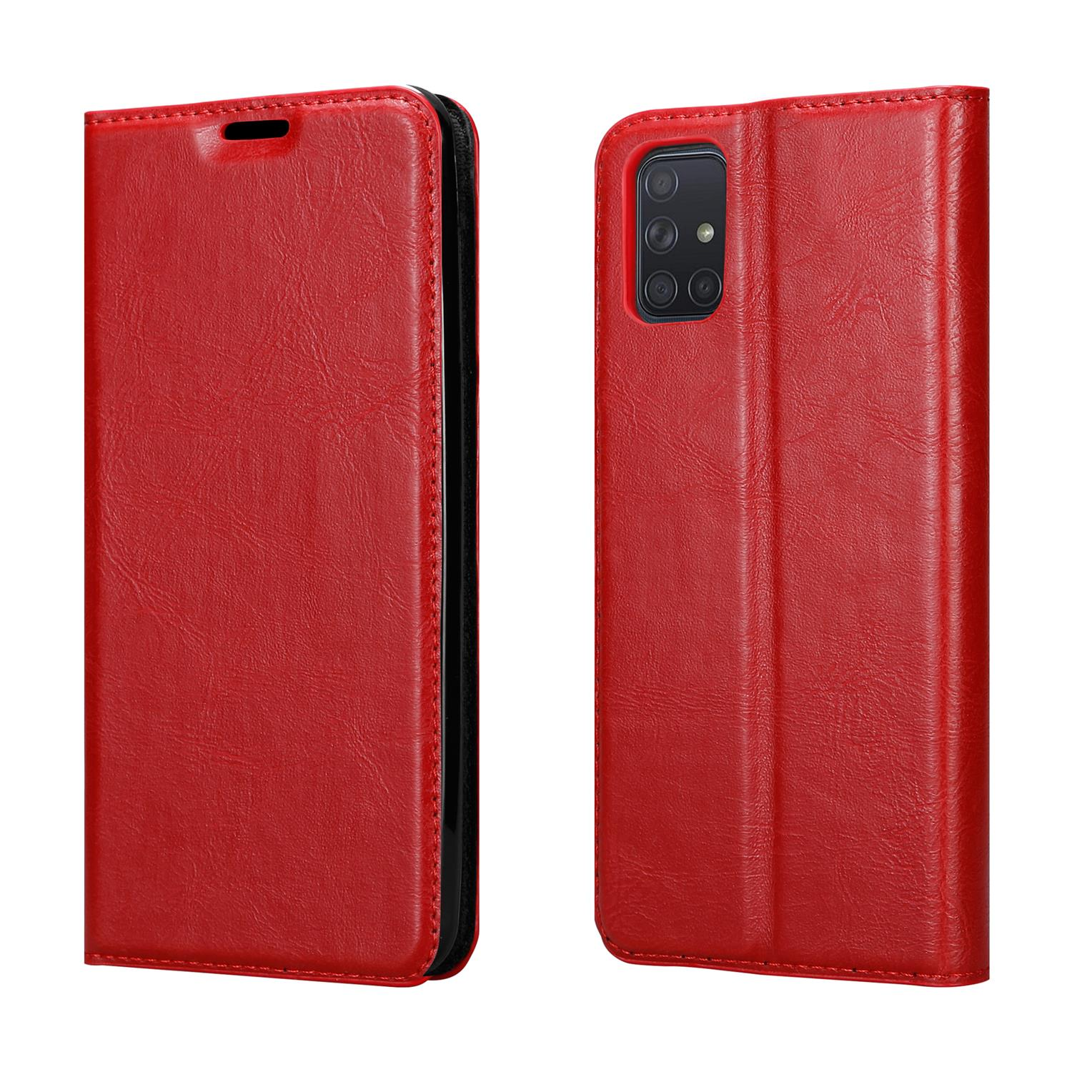 Custodia rossa per telefono aperta e chiusa. La custodia ha un lembo.