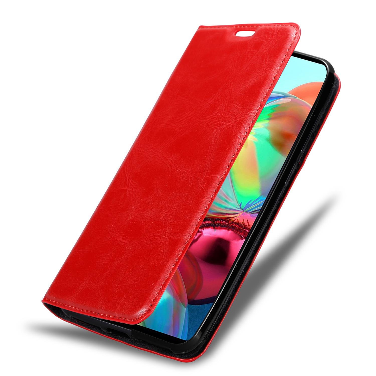 Una custodia rossa per telefono è mostrata aperta, rivelando lo schermo del telefono.