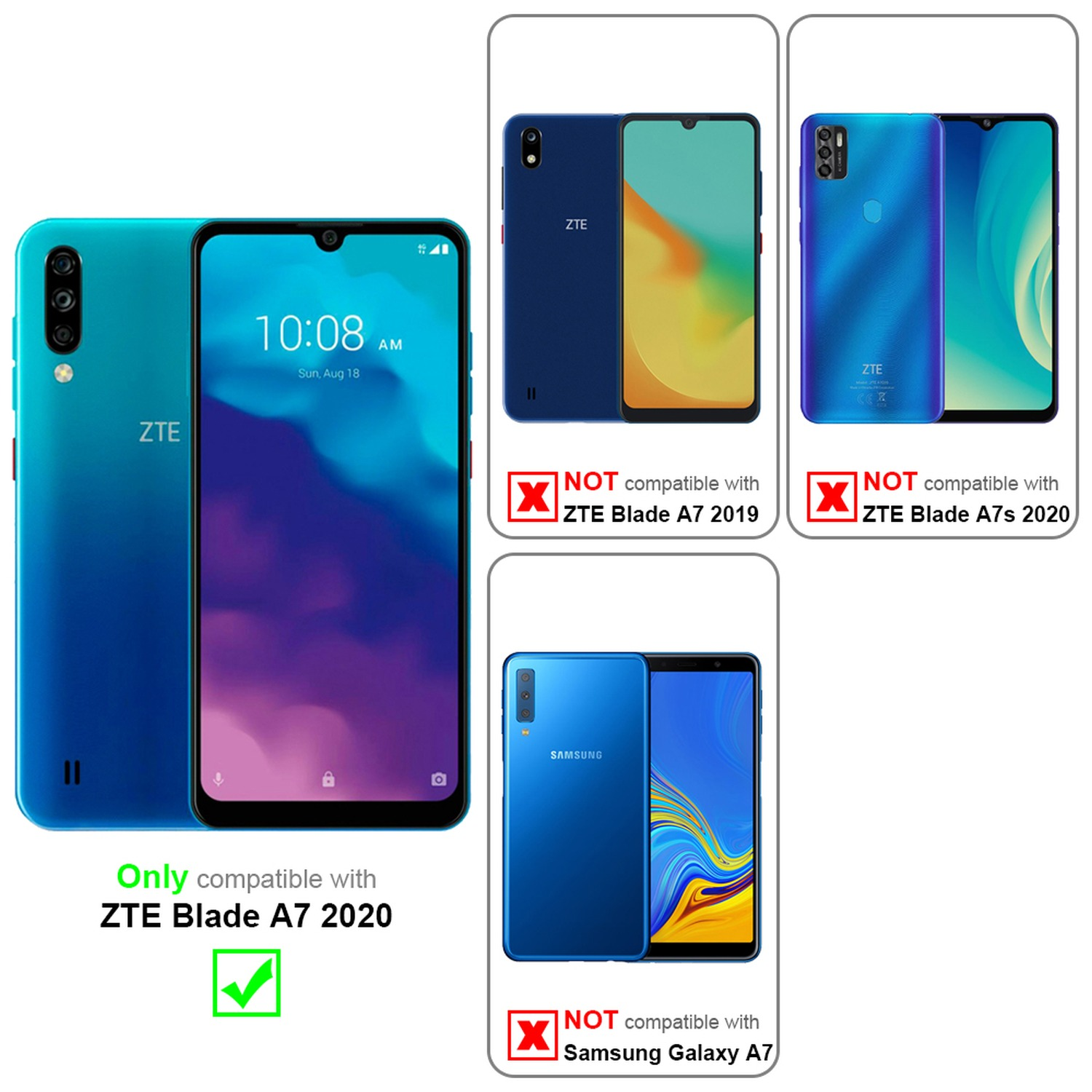 Telefono ZTE blu, con data sullo schermo, accanto ad altri telefoni. Etichette indicano compatibilità con un modello.