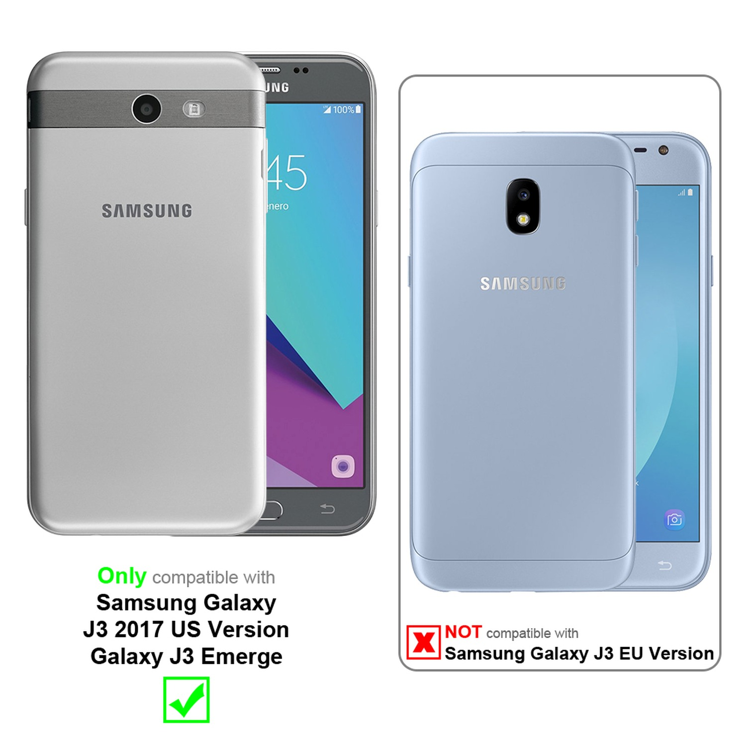 Dos teléfonos uno al lado del otro. Uno es plateado. El otro es azul. El texto indica compatibilidad.