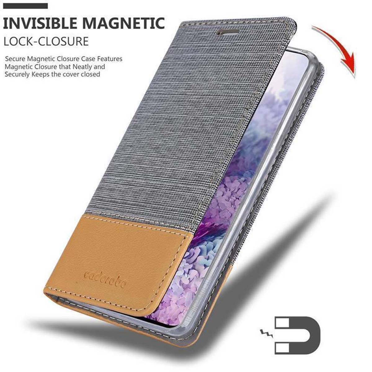 Grau-braune Handyhülle, offen, mit Telefon, Magnetverschluss.