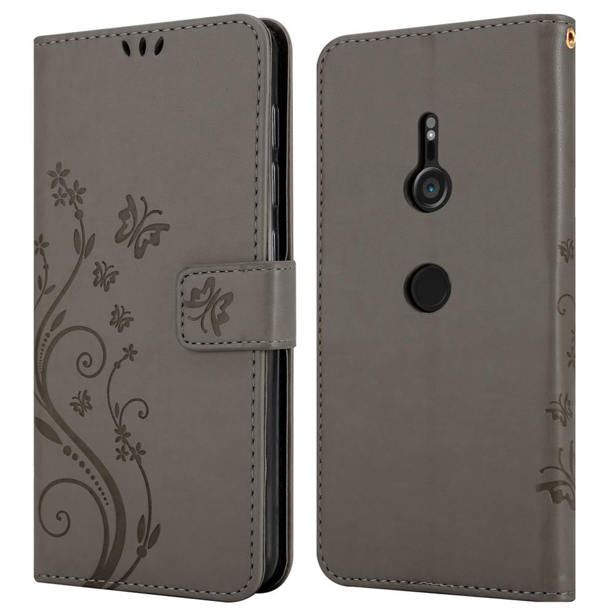 Una custodia per telefono in pelle grigia con design a farfalla.