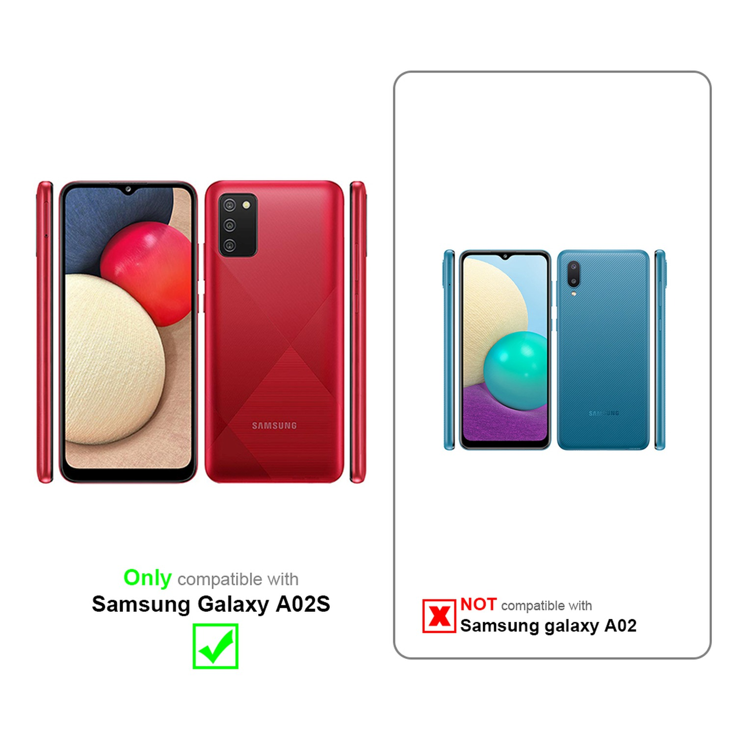 Zwei Telefone, rot und blau, mit Text, der die Kompatibilität für ein Samsung Galaxy A02S, nicht A02, anzeigt.
